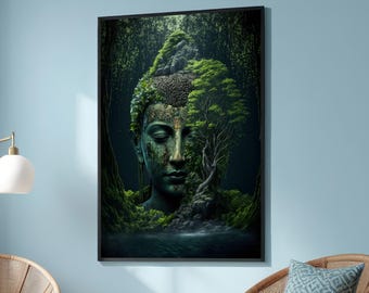 Serene Buddha verschmolzen mit Natur und Bäumen - Spiritueller Surrealismus Leinwand Kunst - Ruhige Wanddekoration für Meditationsraum oder Zen-Raum