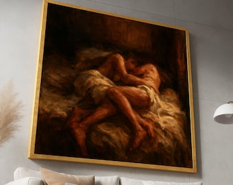 Intimate Couple Embrace, Romantic Bedroom Canvas, Sensual Wall Art, Warm Toned Canvas, Love and Connection Decor, Soft Lighting Painting