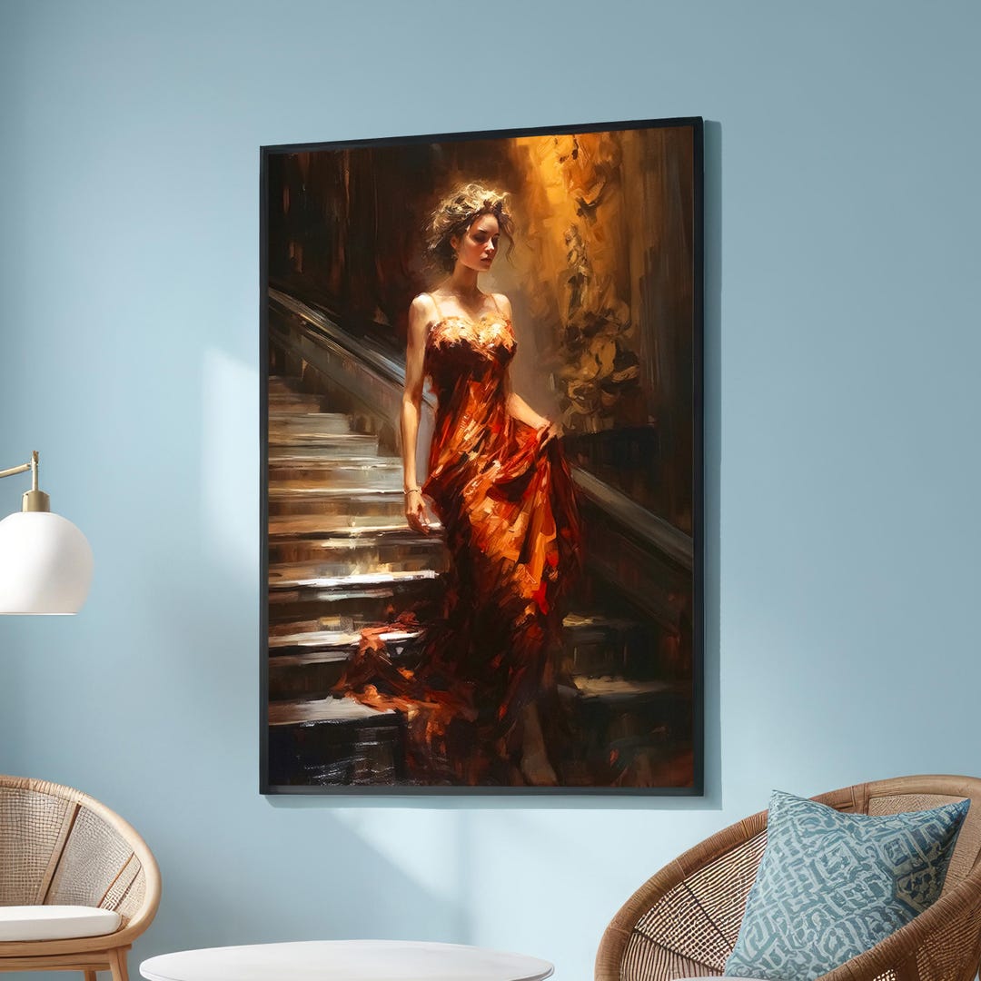 Elegant Woman in Red Dress Descending Staircase - Dramatic Oil Canvas ...