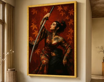 Nieustraszona Samurajka z Mieczem Katana na Płótnie, Japońskie Tatuaże, Kwiatowe Kimono Ścienne, Dekoracje z Liśćmi Jesieni, Azjatycki Wojownik na Płótnie