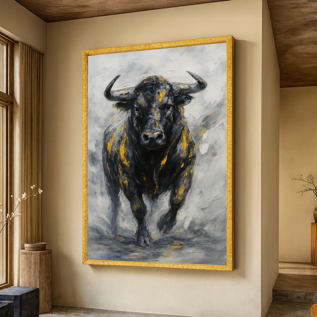 Powerful Bull Canvas Wall Art, Modern Abstract Animal Black and Gold ...
