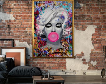 Tableau Toile Pop Art Marilyn Monroe Bubble Gum - Ron Danell - XXL Avec Cadre - Neuf - Décoration Murale