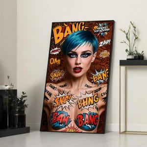 Pop Art Comic Style Blue Hair Woman Canvas - Ritratto audace con testo a fumetti - Arte murale moderna per soggiorno, ufficio o spazi creativi