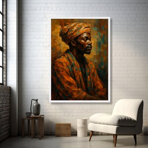 African Man Portrait Canvas, Ethnic Wall Art, Traditional Headwrap Painting, Cultural Home Decor, Bold Orange and Blue Canvas Art image 5