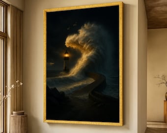 Dramatic Lighthouse at Night Canvas, Ocean Wave Crash Wall Art, Coastal Storm Scene, Seascape Canvas Print, Nautical Home Decoration
