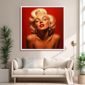 Retrato de mujer rubia glamurosa en lienzo, arte de pared estilo Hollywood vintage, decoración glamurosa sobre fondo rojo, elegante impresión en lienzo femenina imagen 5