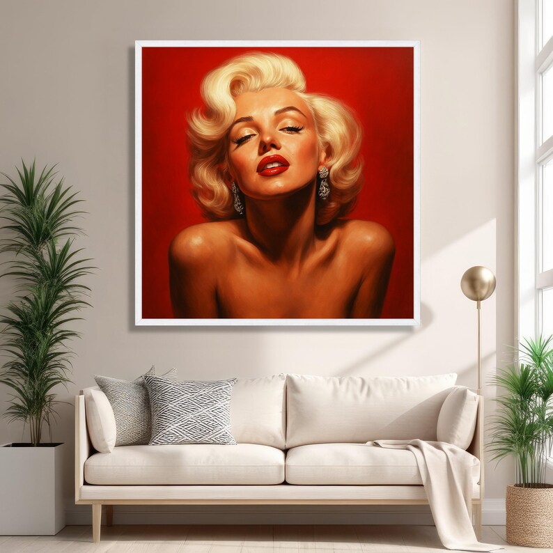 Retrato de mujer rubia glamurosa en lienzo, arte de pared estilo Hollywood vintage, decoración glamurosa sobre fondo rojo, elegante impresión en lienzo femenina imagen 5