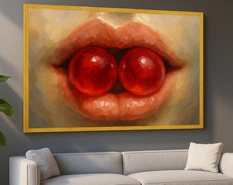 Lienzo de labios rojos intensos con cerezas, decoración de pared de arte pop, lienzo abstracto moderno, arte sensual de labios, colgante de pared llamativo, decoración del hogar