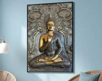 Buddha Statue Golden Meditation - Traditional Bronze Sculpture-Art - Spiritual Decor Canvas