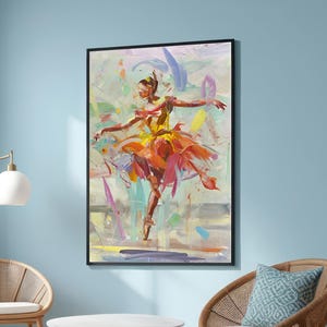 Puede incluir: Una pintura abstracta colorida de una bailarina con un vestido amarillo y rojo. La bailarina está en el aire, con los brazos extendidos y las piernas cruzadas. El fondo es un borrón de colores, con toques de verde, azul y morado.