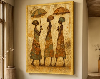 Elegant African Women with Umbrellas Canvas, Ethnic Tribal Art, Floral Pattern Dresses, Cultural Silhouette Wall Art, Boho Home Decoration