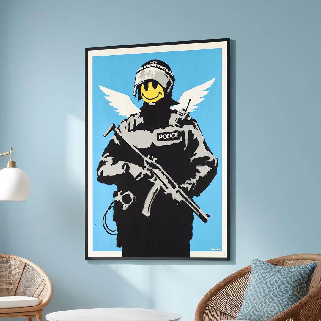 Smiling Riot Police Smiling Riot Police With Angel Wings - Banksy-inspired Street Art ...