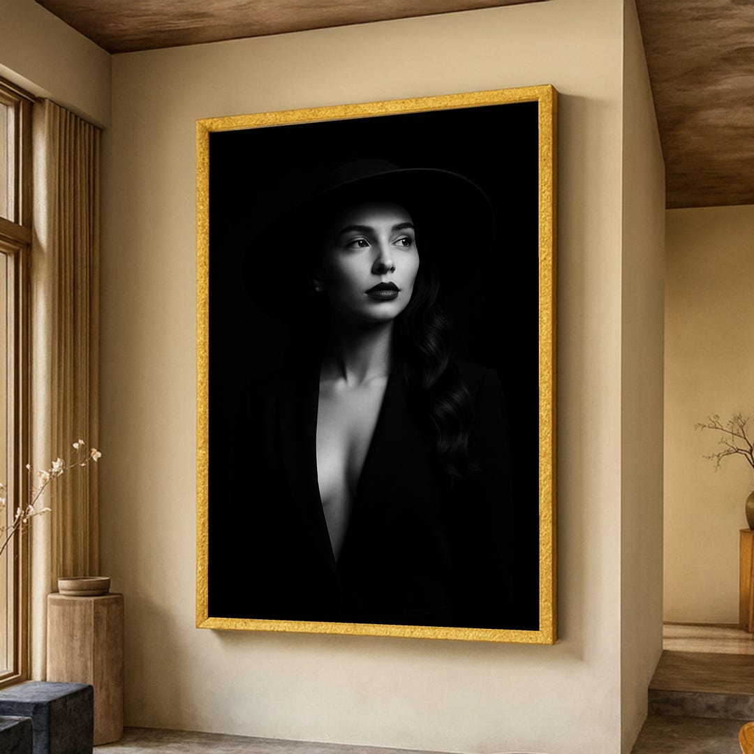 Elegant Woman in Black Hat and Blazer, Black and White Portrait Canvas ...