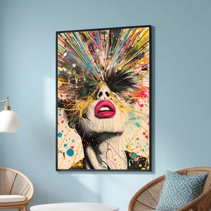 Abstrakt kvinna med exploderande färger och djärva rosa läppar - Modern popkonst-canvas - Energisk väggdekor för vardagsrum eller studio