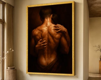 Intimate Embrace Canvas Wall Art, Romantic Couples Art, Sensual Body Expression, Dark Warm Tones, Home Decor Canvas, Passionate Love