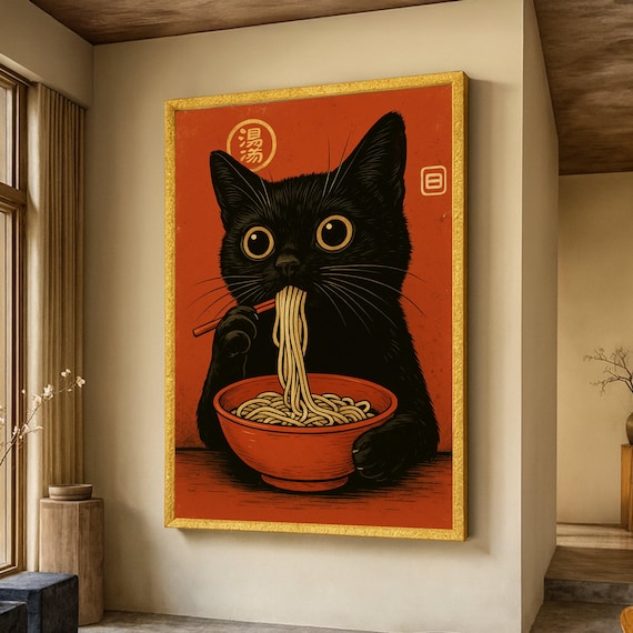 黒猫が麺を食べるキャンバス、かわいい動物の壁アート、アジア料理の