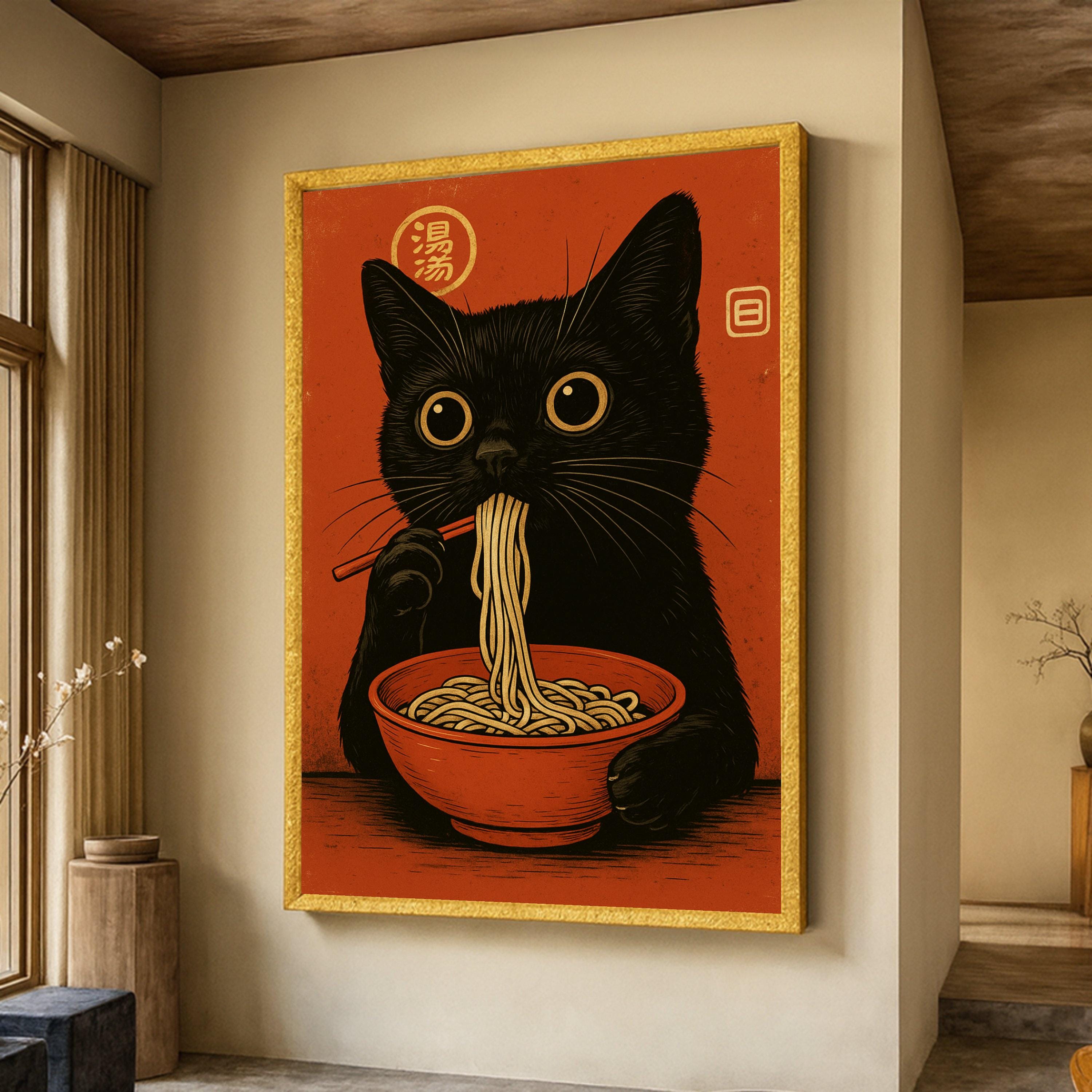 黒猫が麺を食べるキャンバス、かわいい動物の壁アート、アジア料理の