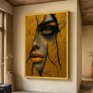 Può includere: Un'opera d'arte incorniciata raffigurante il volto di una donna parzialmente rivelato attraverso una superficie gialla screpolata. L'occhio e le labbra della donna sono di un arancione vibrante, in contrasto con il trucco scuro degli occhi e l'aspetto strutturato e invecchiato dell'opera.