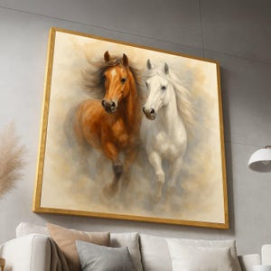 Majestic Running Horses Canvas Wall Art, Brown and White Horses Painting, Equestrian Home Decor, Animal Portrait Canvas, Nature Wall Art