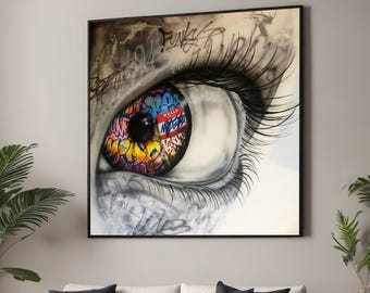 Realistic Eye with Graffiti Iris - Banksy Style Urban Street Art - Modern Canvas Print for Bold Wall Decor
