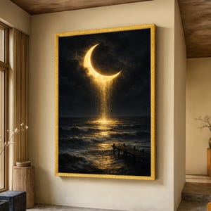 May include: A framed art print depicts a crescent moon emitting a golden waterfall over a dark ocean. The artwork features a wooden pier and is set against a stormy sky. The frame is gold.