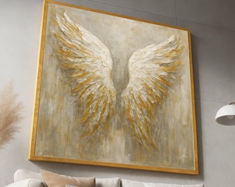 Golden Angel Wings Canvas Wall Art, Feather Wings Painting, Spiritual Home Decor, Inspirational Wall Hanging, Ready to Hang Canvas