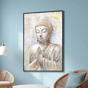 Golden Meditating Buddha Canvas - Spiritual Zen Wall Art - Tranquil White and Gold Decor - Peaceful Buddha Art for Home or Meditation Room