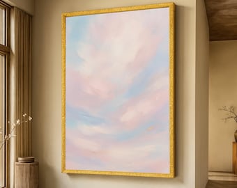 Soft Pastel Abstract Sky Canvas, Dreamy Cloud Wall Art, Light Pink Blue Decor, Modern Painting, Elegant Home Decoration