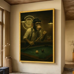Vintage aap die pool speelt canvas muurkunst, retro barscène, illustratie dierlijk karakter, uniek interieur, canvas biljartspel canvasafdruk
