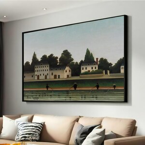 Henri Rousseau Landscape and Four Fishermen Canvas Print - Serene River Scene with Greenery and White Buildings - Framed Art for Home Decor