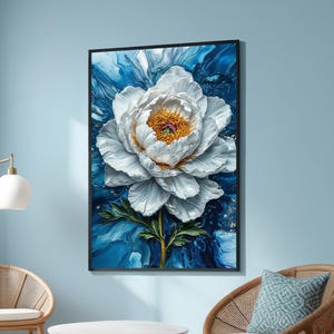 Elegant White Peony Canvas Print - Realistic Floral Art with Abstract Blue Background - Modern Wall Decor for Contemporary Spaces