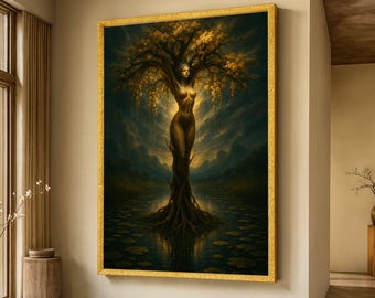 Mystical Tree Woman Canvas Wall Art, Nature Goddess Spiritual Tree of Life, Fantasy Forest Decor, Enchanted Woodland Canvas