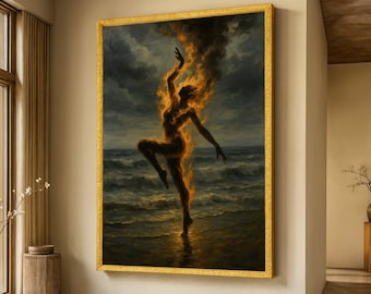 May include: A framed painting depicts a figure engulfed in flames, dancing on a beach. The artwork features a gold frame, a stormy sky, and ocean waves. The figure's silhouette is outlined in fire, creating a dramatic contrast.