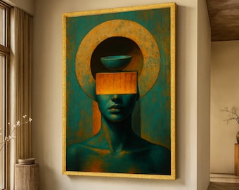 Modern Abstract Portrait Canvas Wall Art, Surreal Face Painting, Contemporary Blue and Orange Artwork, Mystical Home Decor, Unique Canvas