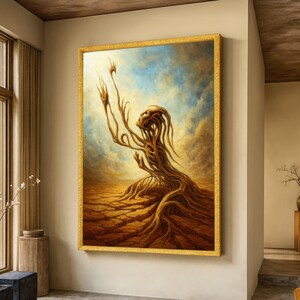 Könnte beinhalten: Ein gerahmtes Kunstwerk, das eine surreale Figur mit baumartiger Form zeigt, die sich nach einem hellen Licht ausstreckt. Das Kunstwerk zeigt eine Farbpalette aus Braun-, Blau- und Gelbtönen mit einer rissigen Erdoberfläche. Der goldene Rahmen verleiht einen Hauch von Eleganz.
