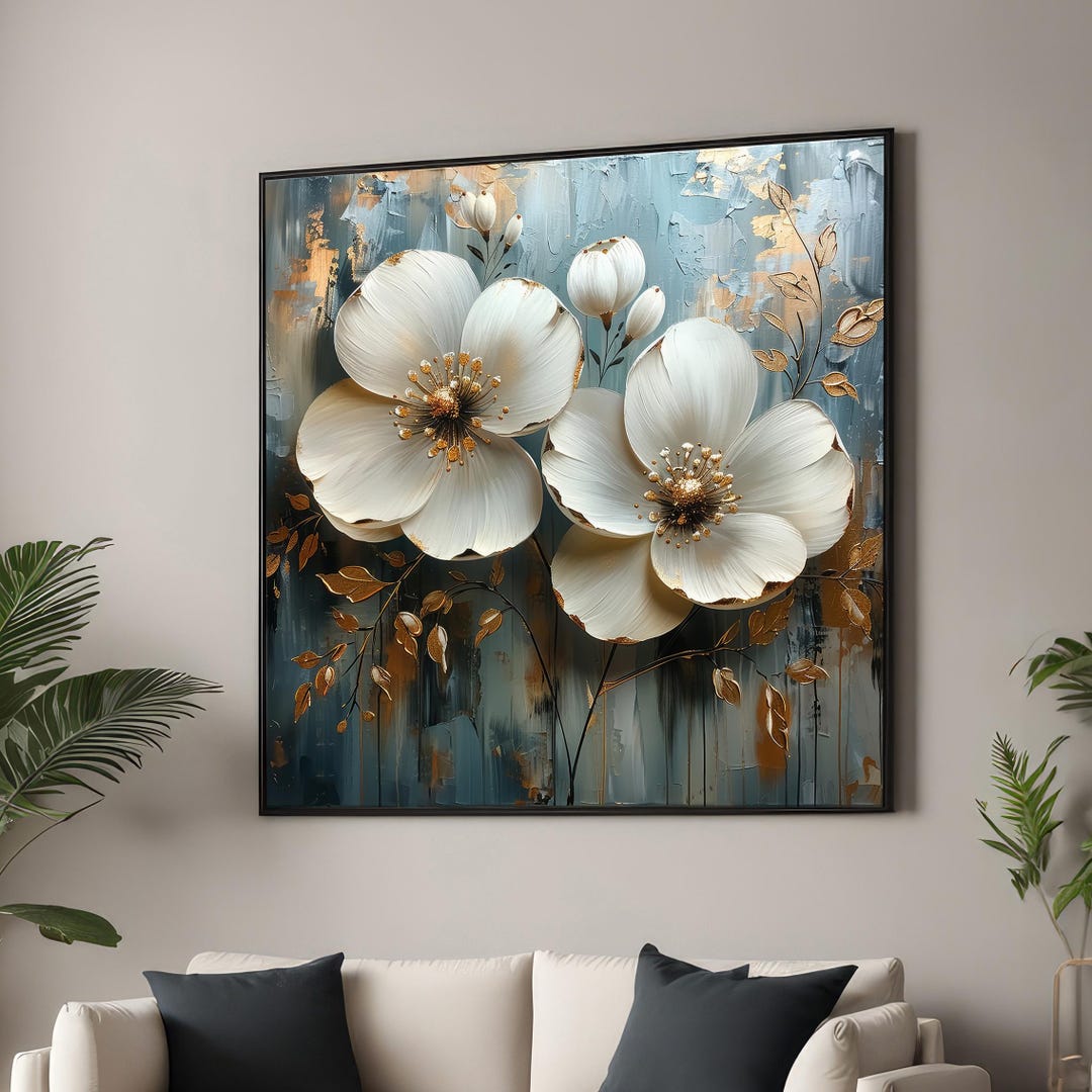 Elegant White Floral Art - Gold Accented Wall Decor - Modern Flower ...