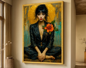 Op de afbeelding: Een ingelijst kunstwerk toont een vrouw in een donkerblauw pak, zittend met gekruiste benen. Een grote oranje bloem siert de jas. De achtergrond heeft een gouden cirkel en turquoise en gouden penseelstreken. De lijst is goudkleurig.