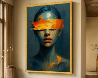 Retrato abstracto de mujer sobre lienzo, pintura de arte contemporáneo, arte mural en azul y naranja, lienzo expresionista moderno, obra de arte para la decoración del hogar.