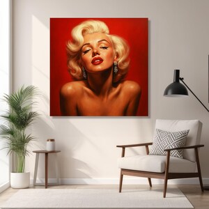 Retrato de mujer rubia glamurosa en lienzo, arte de pared estilo Hollywood vintage, decoración glamurosa sobre fondo rojo, elegante impresión en lienzo femenina imagen 6