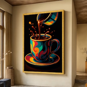 Pode incluir: Uma impressão artística vibrante e emoldurada retrata café sendo derramado em uma caneca colorida. A caneca e o pires apresentam um padrão de redemoinho de vermelho, laranja, amarelo, verde e azul. O fundo é preto e a moldura é dourada.