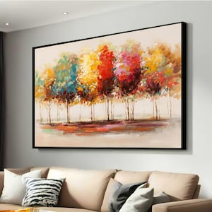 Bunter Wald Abstrakte Leinwand Druck - Lebendige Bäume in der Herbst Landschaft - Moderne Natur Wand Kunst für helle und zeitgemäße Wohnkultur