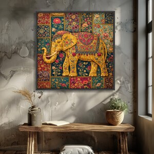 Sierlijke bloemen olifant canvas, muurkunst, decoratief dier canvas, kleurrijk huisdecor, vintage textielontwerp afbeelding 3