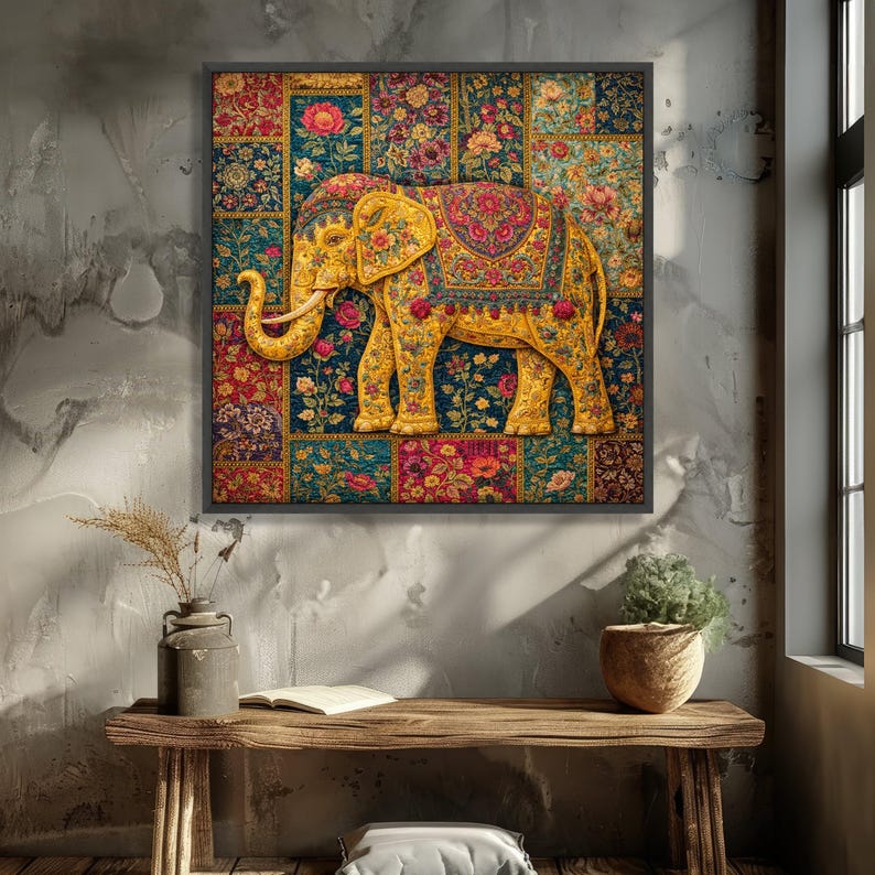 Sierlijke bloemen olifant canvas, muurkunst, decoratief dier canvas, kleurrijk huisdecor, vintage textielontwerp afbeelding 3