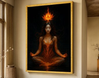 Mulher meditativa com lótus flamejante, arte de parede em tela espiritual, arte de meditação iogue, brilho de energia interior, decoração zen para casa
