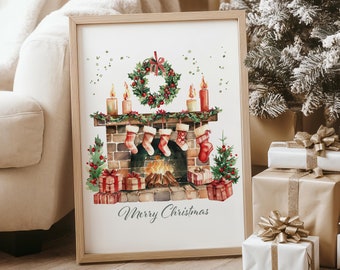 Watercolor Christmas Fireplace Art Print, Holiday Stockings Decor