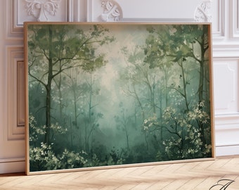 Green Forest Art Print: Misty Watercolor Landscape