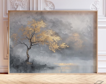 Tree Wall Art Print, Abstract Nature Canvas, Elegant Yellow gold and Gray Landscape Painting, Modern Botanical Decor for Living Room, flor10