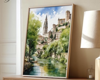 Toledo Spain Art Print: Watercolor Cityscape, Medieval Architecture