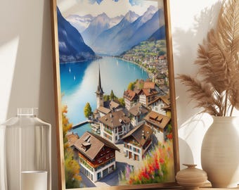 Aquarelprint Brienzersee, Zwitserland: reiskunst Zwitserse Alpen