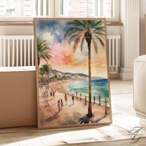 Impresión artística del paseo marítimo de Niza, arte mural de la Riviera francesa, arte de la costa azul, decoración costera del amanecer, impresión artística del Mediterráneo, póster de Niza, Francia, WT83